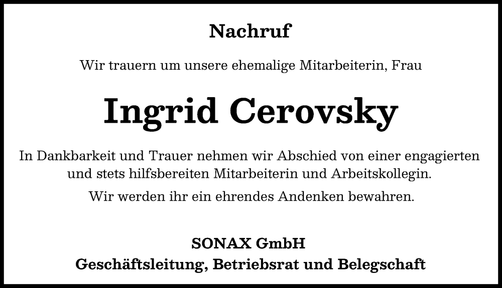 Traueranzeige von Ingrid Cerovsky von Neuburger Rundschau