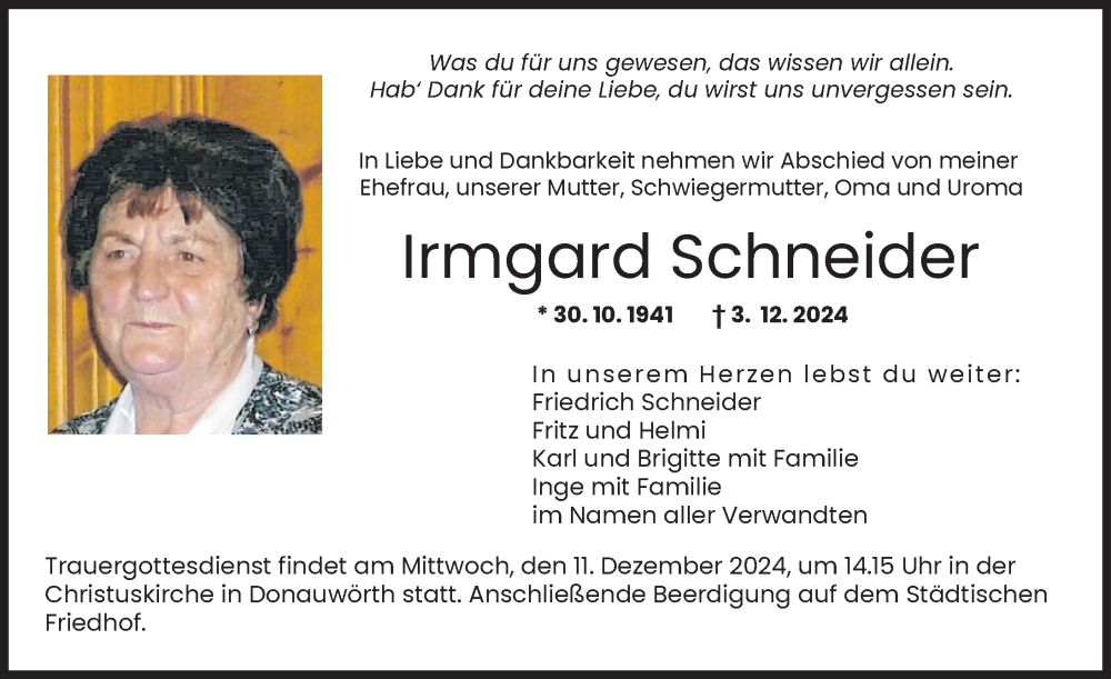 Traueranzeige von Irmgard Schneider von Donauwörther Zeitung, Rieser Nachrichten