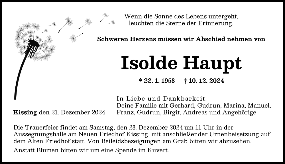  Traueranzeige für Isolde Haupt vom 21.12.2024 aus Friedberger Allgemeine