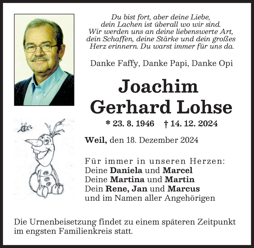 Traueranzeige von Joachim Gerhard Lohse von Landsberger Tagblatt