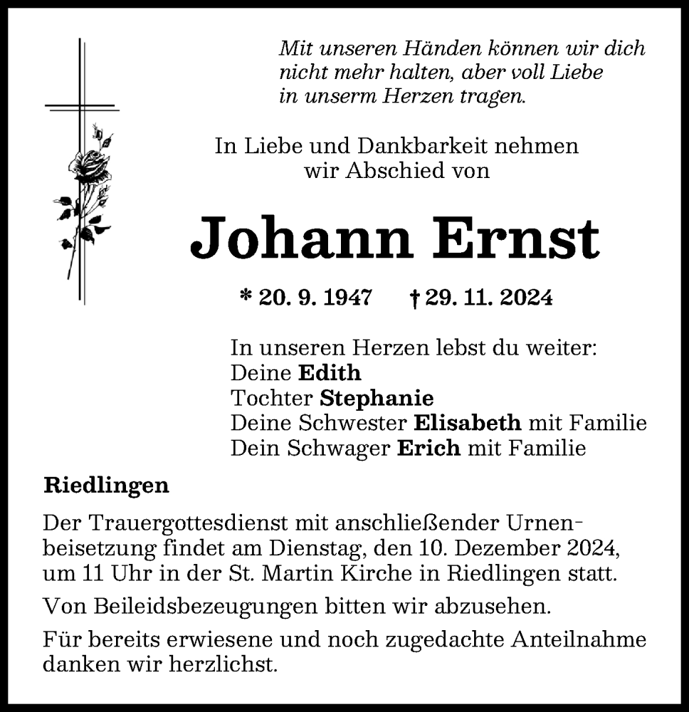 Traueranzeige von Johann Ernst von Donauwörther Zeitung