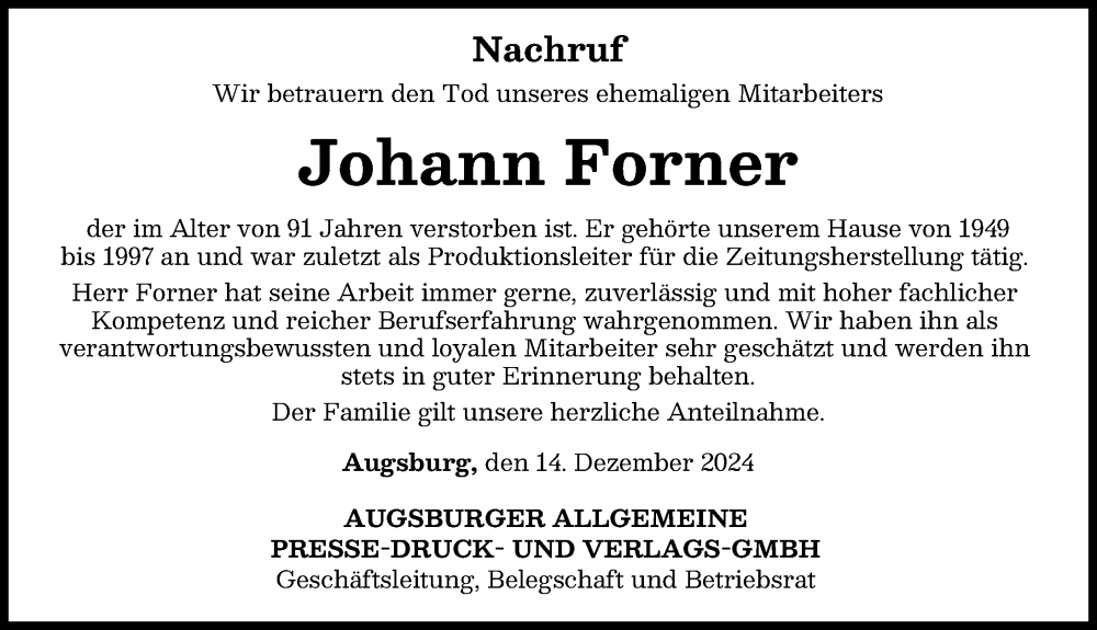 Traueranzeige von Johann Forner von Friedberger Allgemeine, Aichacher Nachrichten