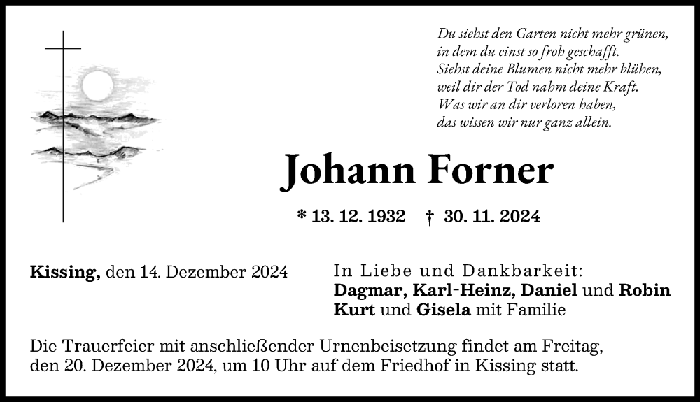 Traueranzeige von Johann Forner von Friedberger Allgemeine, Aichacher Nachrichten