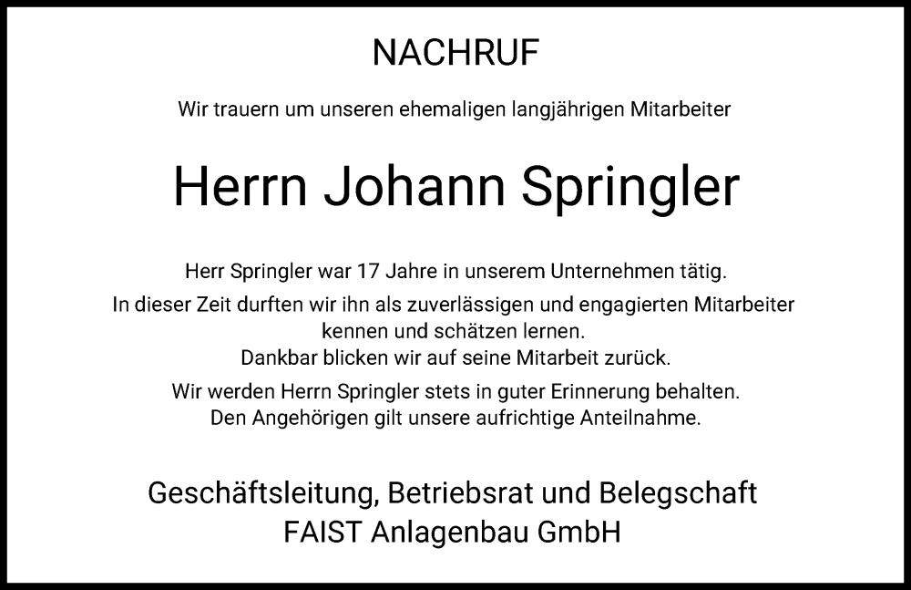 Traueranzeige von Johann Springler von Mittelschwäbische Nachrichten