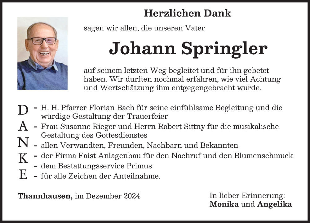 Traueranzeige von Johann Springler von Mittelschwäbische Nachrichten