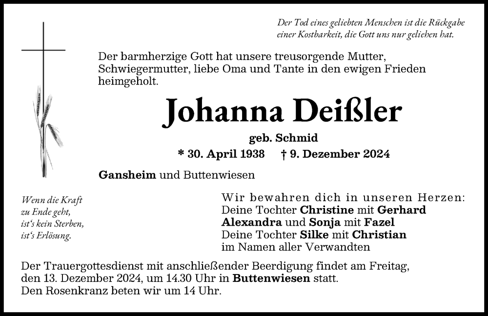 Traueranzeige von Johanna Deißler von Donauwörther Zeitung