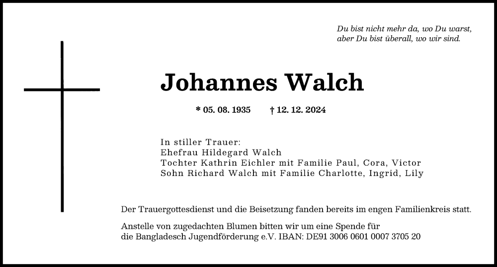 Traueranzeige von Johannes Walch von Augsburger Allgemeine