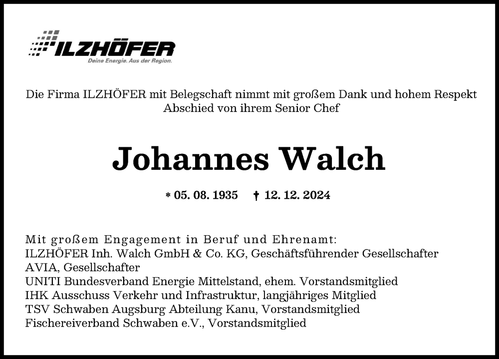 Traueranzeige von Johannes Walch von Augsburger Allgemeine