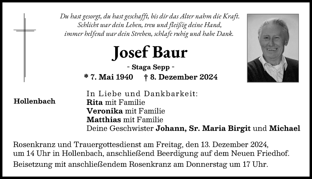 Traueranzeige von Josef Baur von Aichacher Nachrichten