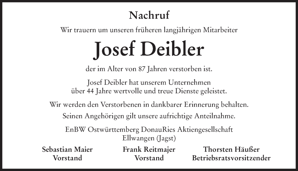 Traueranzeige von Josef Deibler von Rieser Nachrichten