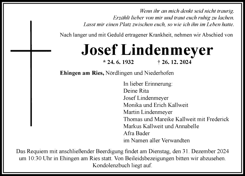 Traueranzeige von Josef Lindenmeyer von Rieser Nachrichten