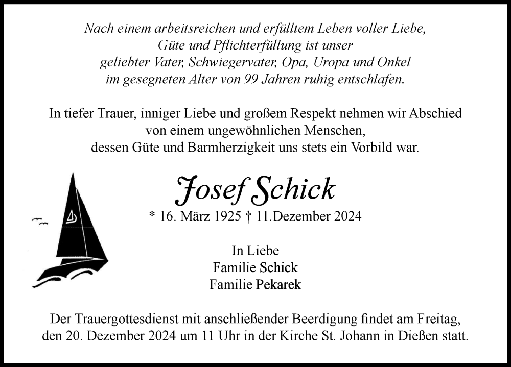 Traueranzeige von Josef Schick von Ammersee Kurier