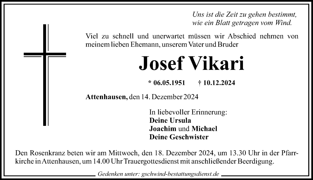 Traueranzeige von Josef Vikari von Mittelschwäbische Nachrichten