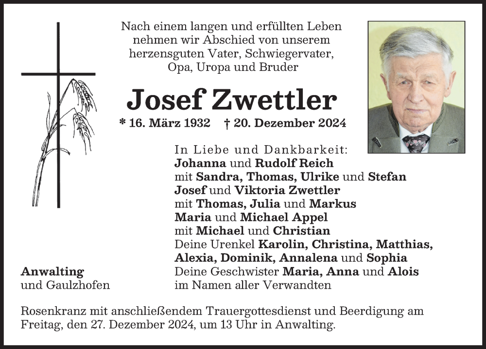 Traueranzeige von Josef Zwettler von Aichacher Nachrichten