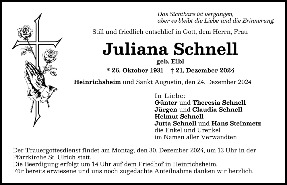 Traueranzeige von Juliana Schnell von Neuburger Rundschau