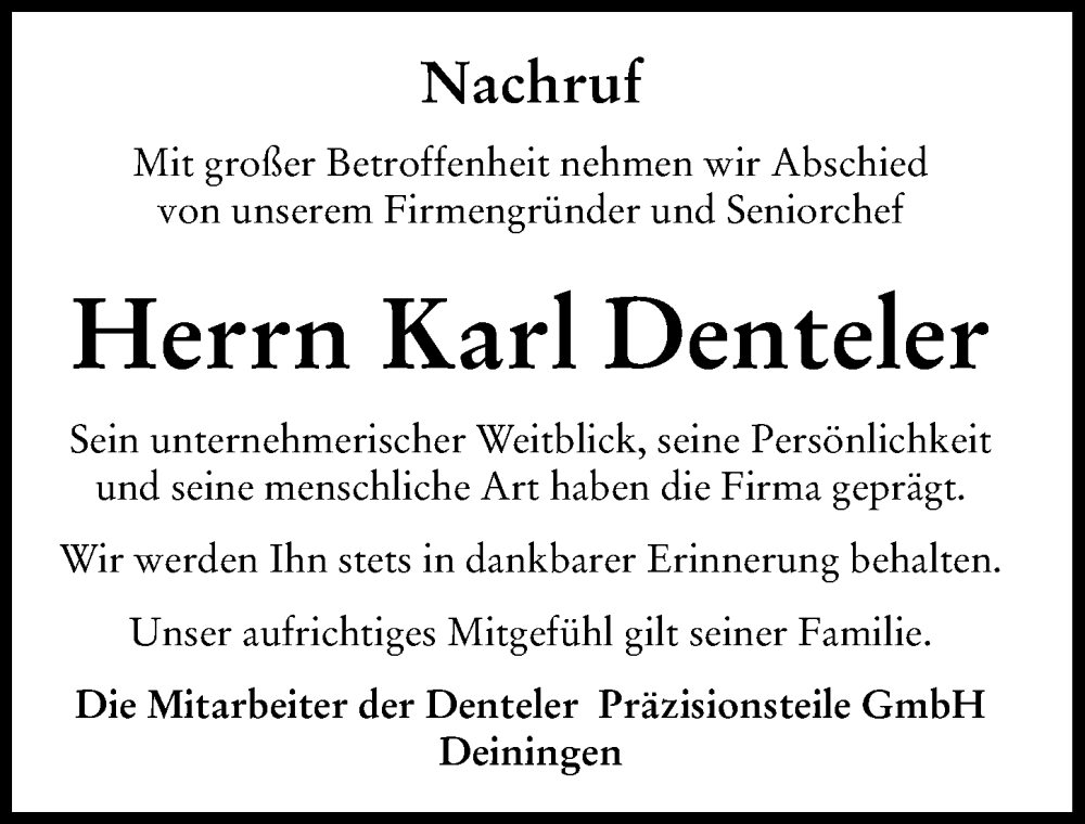 Traueranzeige von Karl Denteler von Rieser Nachrichten