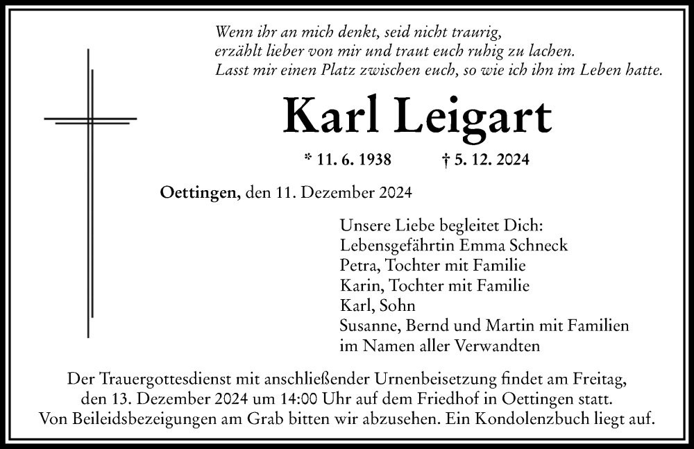 Traueranzeige von Karl Leigart von Rieser Nachrichten