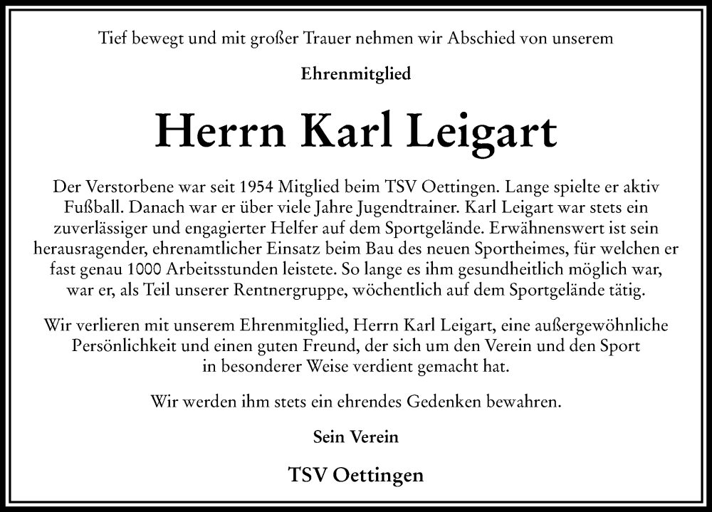 Traueranzeige von Karl Leigart von Rieser Nachrichten