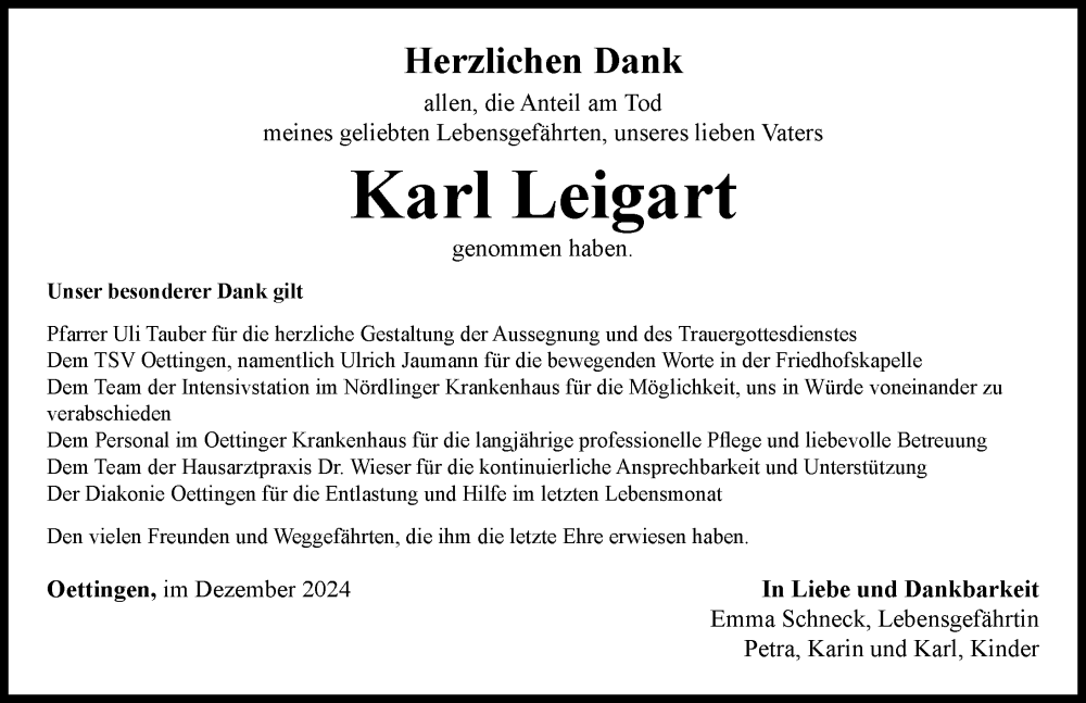 Traueranzeige von Karl Leigart von Rieser Nachrichten