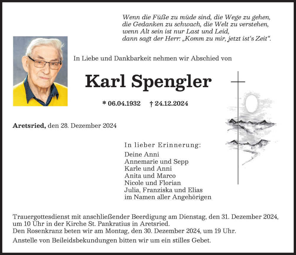 Traueranzeige von Karl Spengler von Augsburger Allgemeine