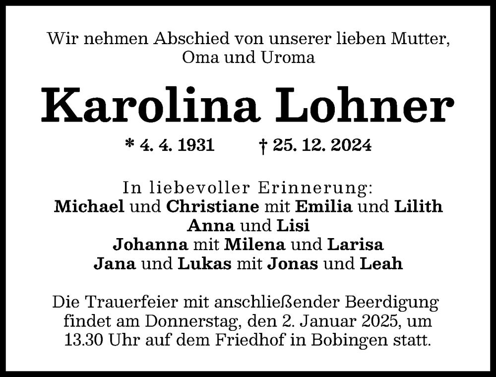 Traueranzeige von Karolina Lohner von Schwabmünchner Allgemeine