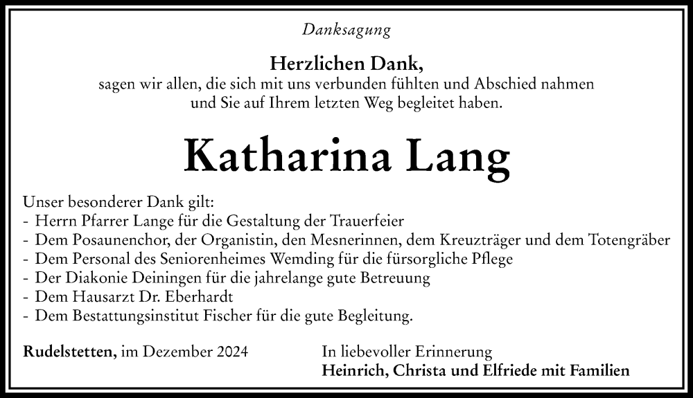 Traueranzeige von Katharina Lang von Rieser Nachrichten