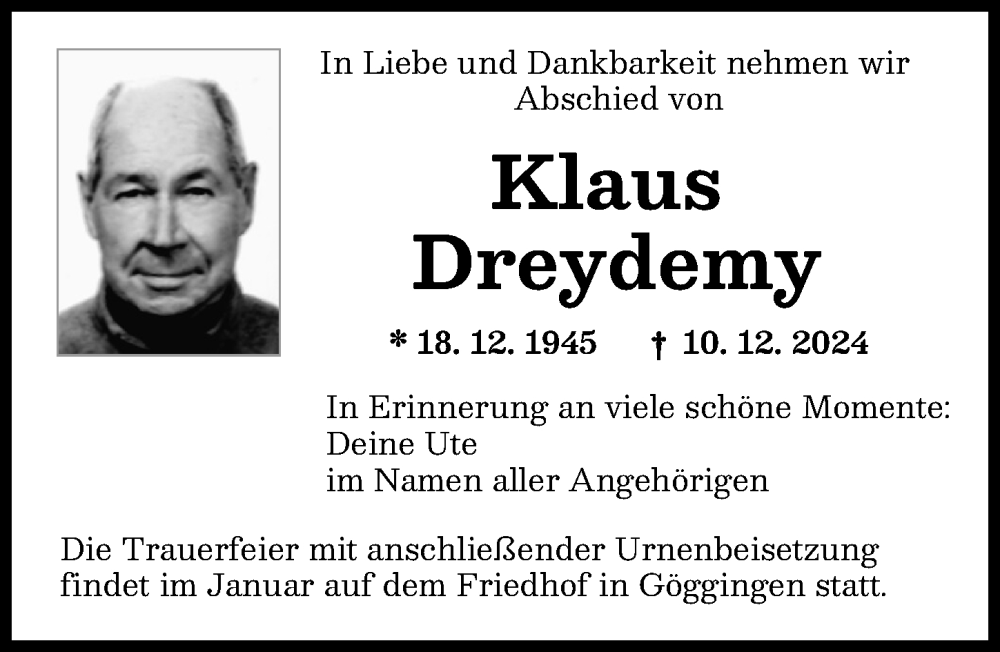 Traueranzeige von Klaus Dreydemy von Augsburger Allgemeine