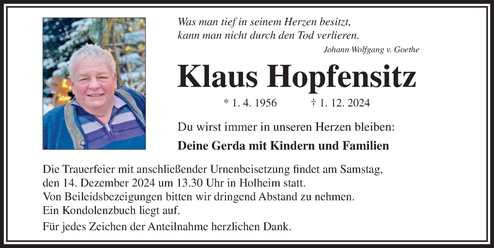 Traueranzeige von Klaus Hopfensitz von Rieser Nachrichten