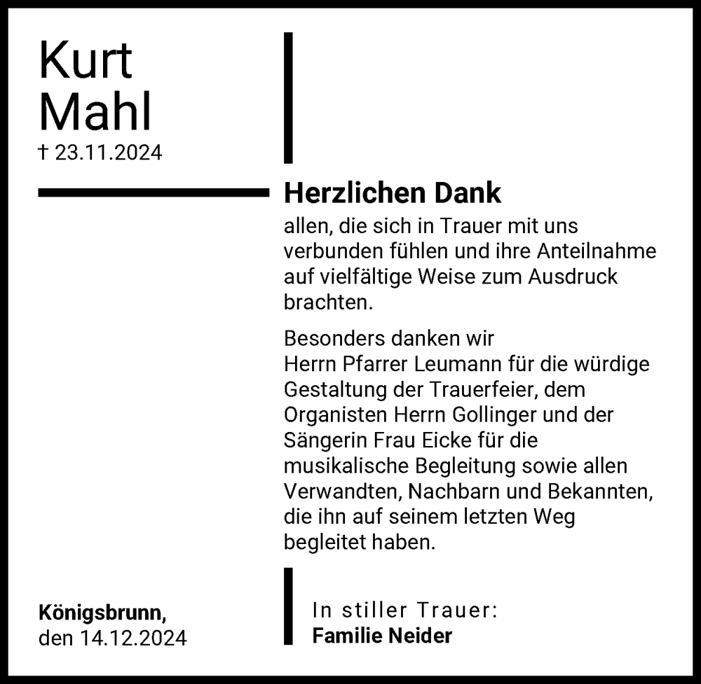 Traueranzeige von Kurt Mahl von Augsburger Allgemeine