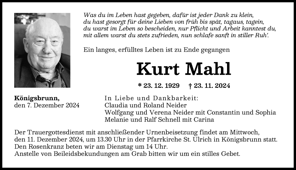 Traueranzeige von Kurt Mahl von Augsburger Allgemeine