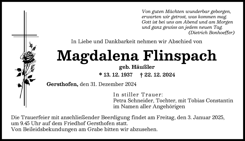 Traueranzeige von Magdalena Flinspach von Augsburger Allgemeine