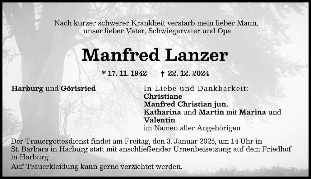 Traueranzeige von Manfred Lanzer von Donauwörther Zeitung