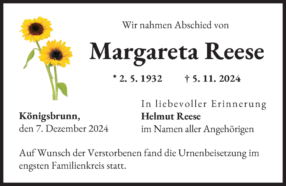 Traueranzeige von Margareta Reese von Schwabmünchner Allgemeine