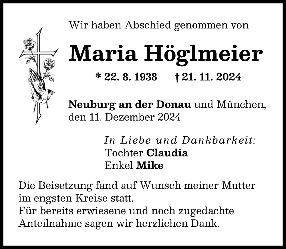 Traueranzeige von Maria Höglmeier von Neuburger Rundschau