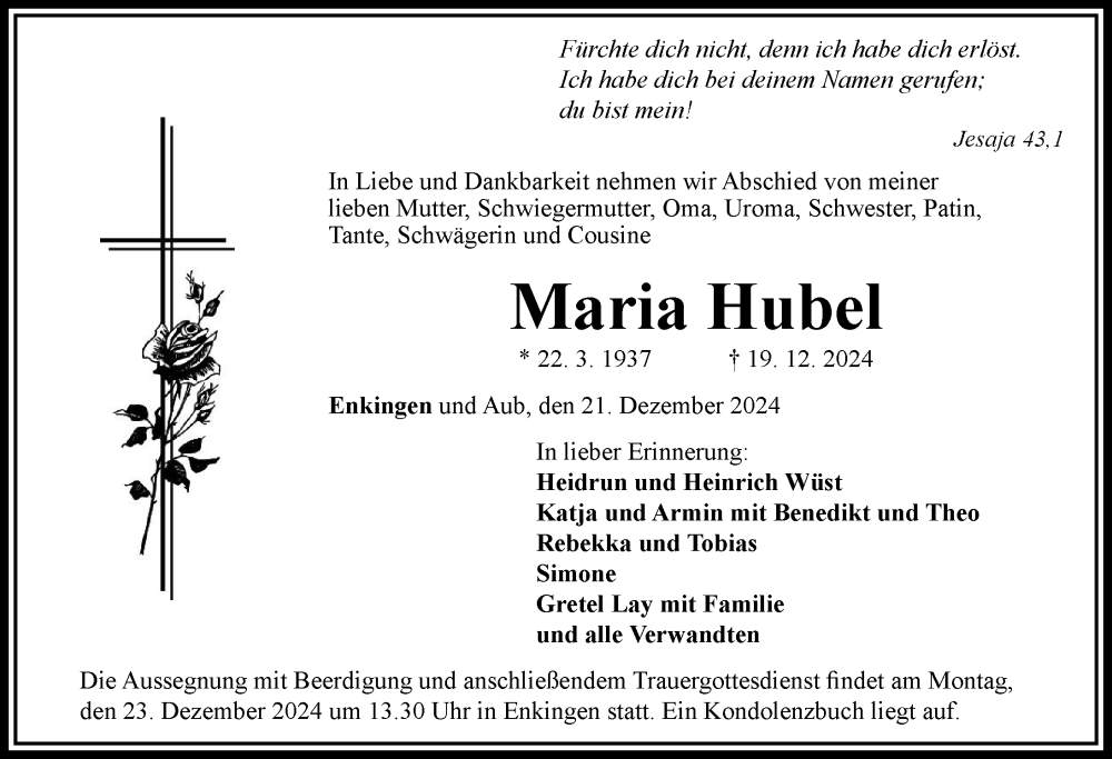 Traueranzeige von Maria Hubel von Rieser Nachrichten