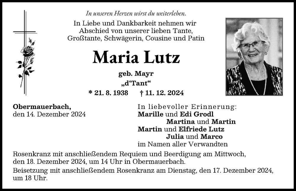 Traueranzeige von Maria Lutz von Aichacher Nachrichten