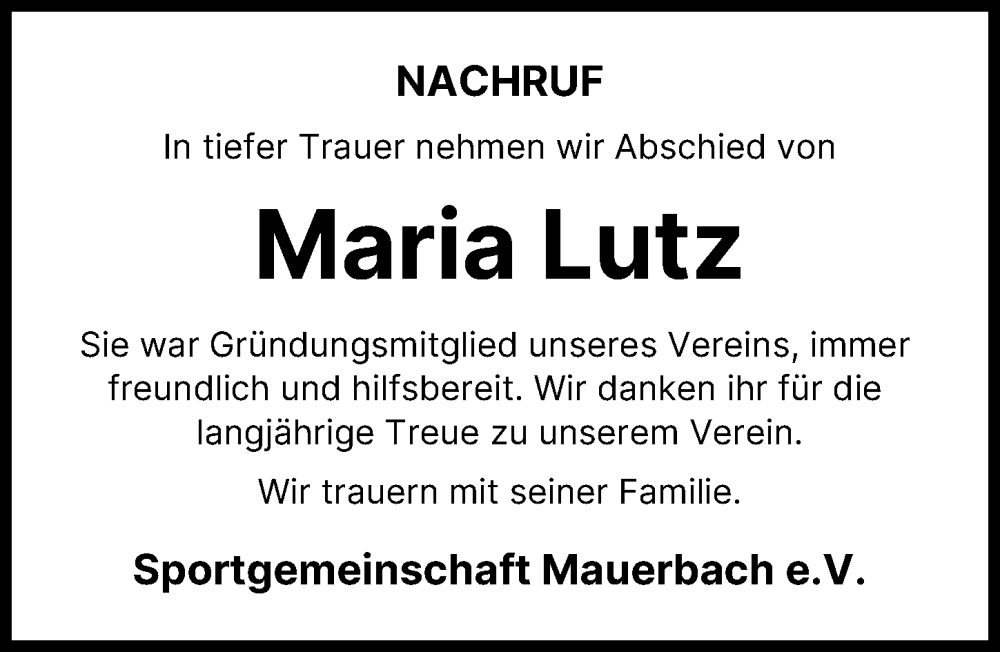 Traueranzeige von Maria Lutz von Aichacher Nachrichten