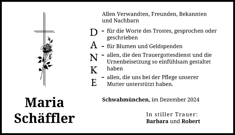 Traueranzeige von Maria Schäffler von Schwabmünchner Allgemeine