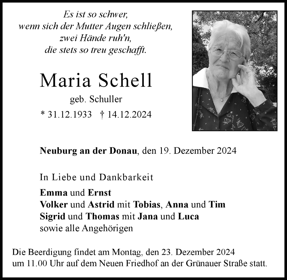 Traueranzeige von Maria Schell von Neuburger Rundschau