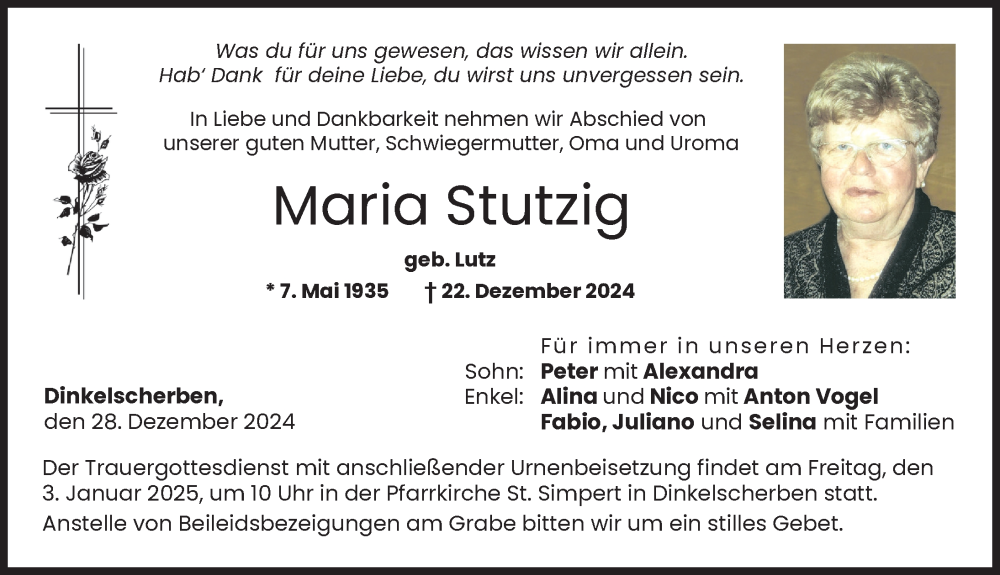 Traueranzeige von Maria Stutzig von Augsburg-Land