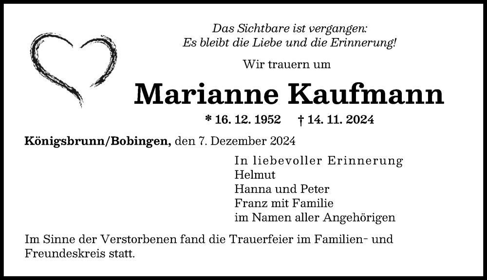 Traueranzeige von Marianne Kaufmann von Augsburger Allgemeine