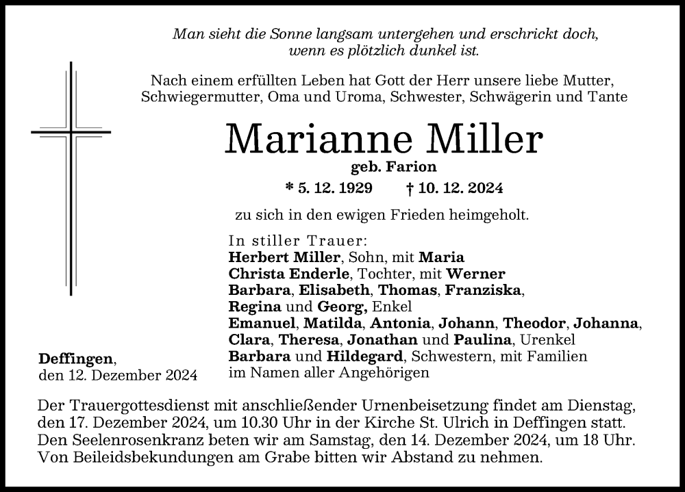 Traueranzeige von Marianne Miller von Günzburger Zeitung