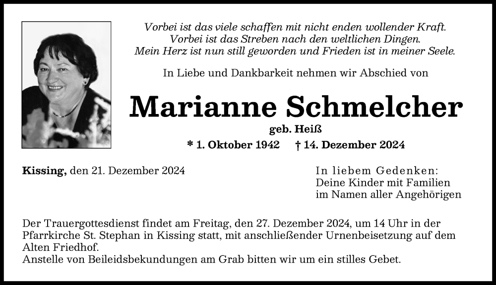 Traueranzeige von Marianne Schmelcher von Friedberger Allgemeine