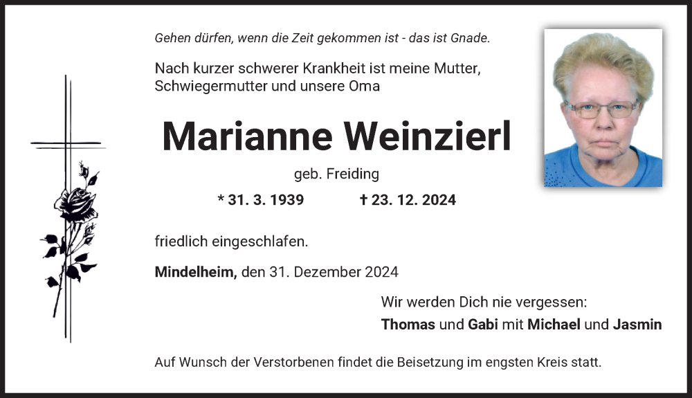 Traueranzeige von Marianne Weinzierl von Mindelheimer Zeitung