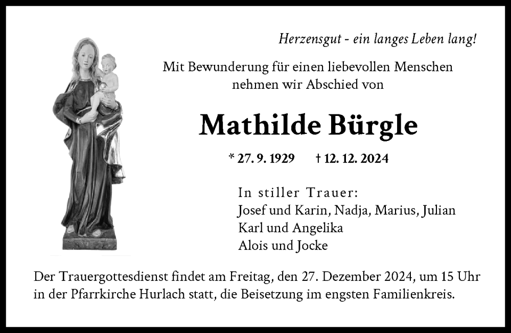 Traueranzeige von Mathilde Bürgle von Landsberger Tagblatt