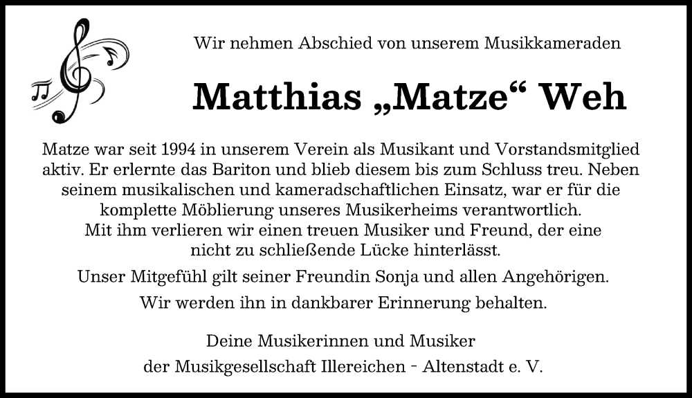 Traueranzeige von Matthias Weh von Illertisser Zeitung