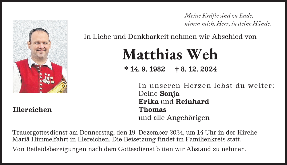 Traueranzeige von Matthias Weh von Illertisser Zeitung