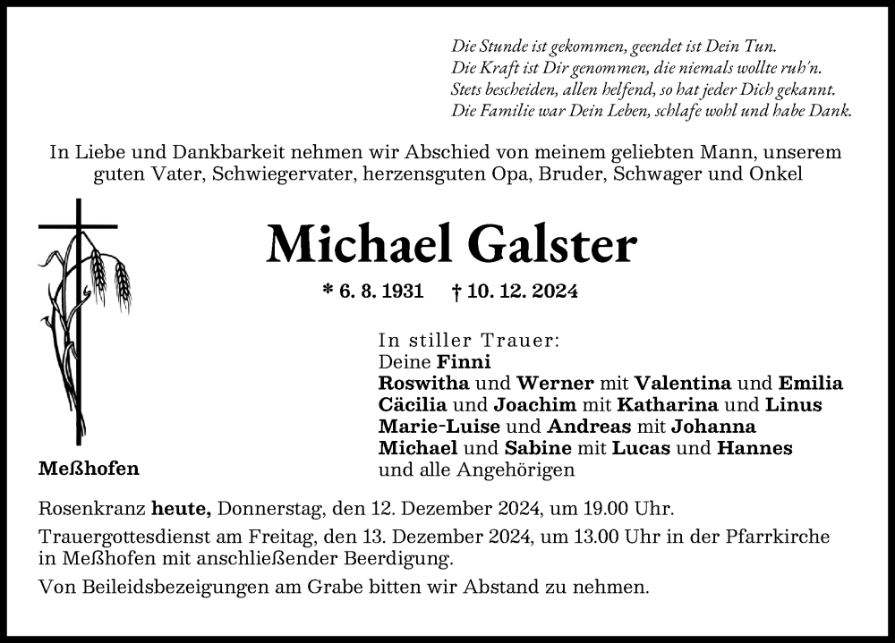 Traueranzeige von Michael Galster von Illertisser Zeitung, Neu-Ulmer Zeitung