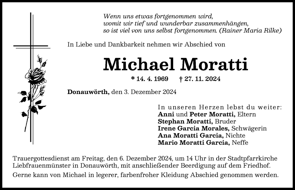  Traueranzeige für Michael Moratti vom 03.12.2024 aus Augsburger Allgemeine, Donauwörther Zeitung