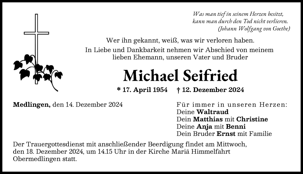 Traueranzeige von Michael Seifried von Donau Zeitung